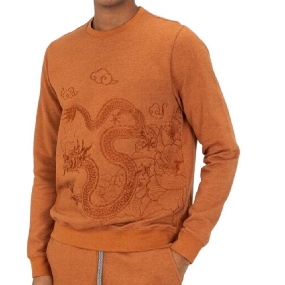 Blind Rooster Embroidered Asian art Dragon Sweatshirt Men’s Small Amber orange
